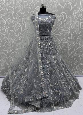 Grey Color Combine Of Dori,Rainbow Sequins,Embedded With Lots Of Zircon Studded All Over Work Heavy Net Lehenga Choli 3