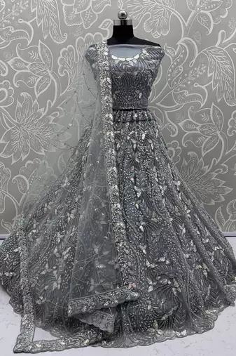 Grey Color Combine Of Dori,Rainbow Sequins,Embedded With Lots Of Zircon Studded All Over Work Heavy Net Lehenga Choli