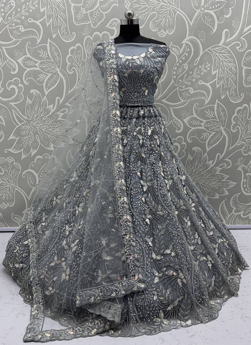 Grey Sequins Embedded With Studded Heavy Net Lehenga Choli