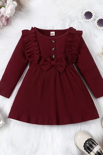 Maroon ribbed cotton blend casual fit & flare girls dress
