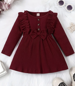 Maroon ribbed cotton blend casual fit & flare girls dress