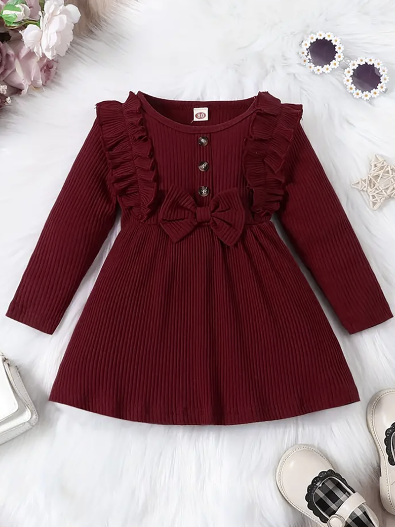 Maroon ribbed cotton blend casual fit & flare girls dress