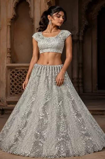 White Color Combine Of Dori,Rainbow Sequins,Embedded With Lots Of Zircon Studded All Over Work Heavy Net Lehenga Choli