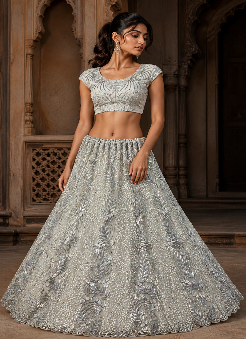White Sequins Embedded With Studded Heavy Net Lehenga Choli