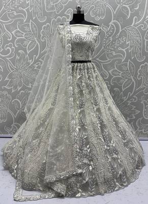 White Color Combine Of Dori,Rainbow Sequins,Embedded With Lots Of Zircon Studded All Over Work Heavy Net Lehenga Choli 3