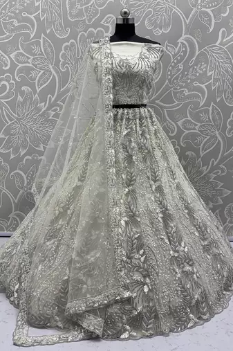 White Color Combine Of Dori,Rainbow Sequins,Embedded With Lots Of Zircon Studded All Over Work Heavy Net Lehenga Choli
