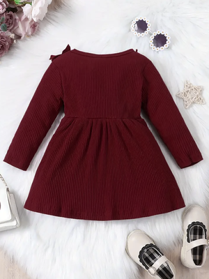 Maroon ribbed cotton blend casual fit & flare girls dress 2