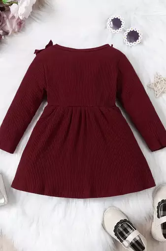 Maroon ribbed cotton blend casual fit & flare girls dress