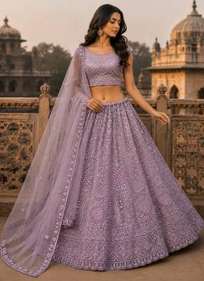 Pink Motif Crystal Pipe Embroidery Sequins   Dori Embroidery With Thread Net Lehenga Choli 1