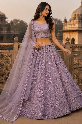 Pink Motif Crystal Pipe Embroidery Sequins   Dori Embroidery With Thread Net Lehenga Choli