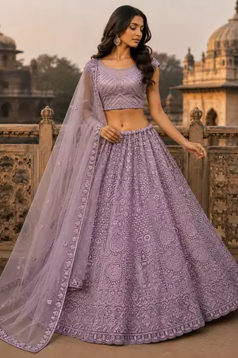 Pink Motif Crystal Pipe Embroidery Sequins   Dori Embroidery With Thread Net Lehenga Choli