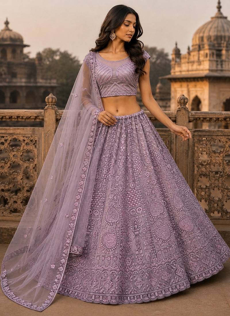 Pink Motif Crystal Pipe Embroidery Sequins   Dori Embroidery With Thread Net Lehenga Choli