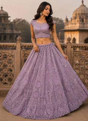 Pink Motif Crystal Pipe Embroidery Sequins   Dori Embroidery With Thread Net Lehenga Choli 2