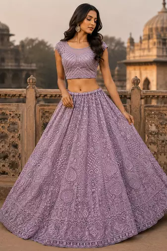 Pink Motif Crystal Pipe Embroidery Sequins   Dori Embroidery With Thread Net Lehenga Choli