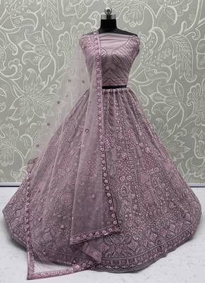 Pink Motif Crystal Pipe Embroidery Sequins   Dori Embroidery With Thread Net Lehenga Choli 3