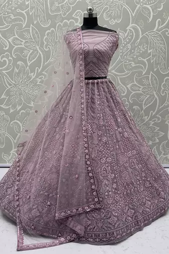 Pink Motif Crystal Pipe Embroidery Sequins   Dori Embroidery With Thread Net Lehenga Choli