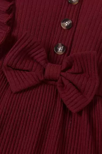 Maroon ribbed cotton blend casual fit & flare girls dress