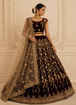 Dark Maroon Color Chapat Zari Work,Thread Work,Sequins Embroidery,Fancy Embroidery Work Velvet Lehenga Choli 1