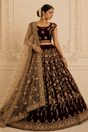 Dark Maroon Zari Thread Sequins Embroidery Fancy Embroidery Velvet Lehenga Choli