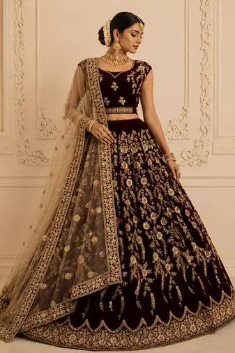 Dark Maroon Zari Thread Sequins Embroidery Fancy Embroidery Velvet Lehenga Choli