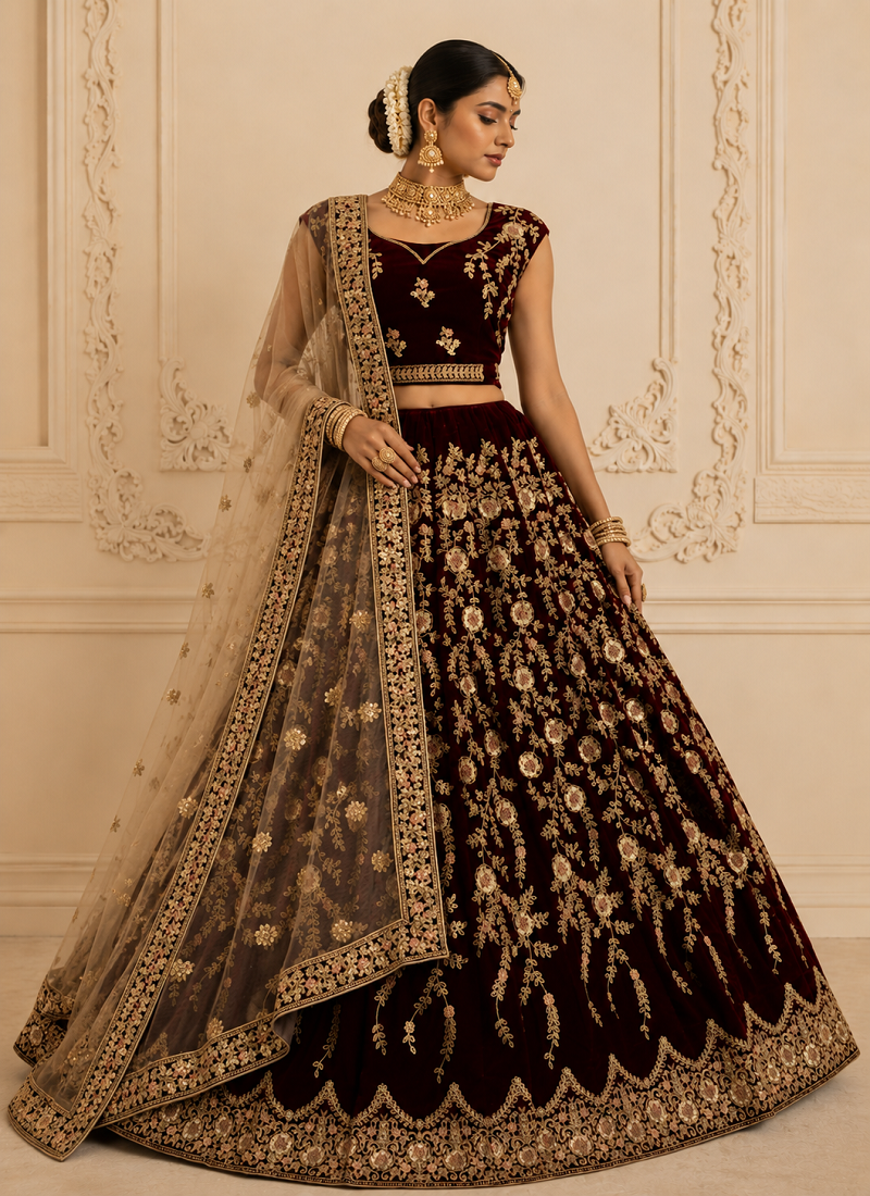 Dark Maroon Zari Thread Sequins Embroidery Fancy Embroidery Velvet Lehenga Choli