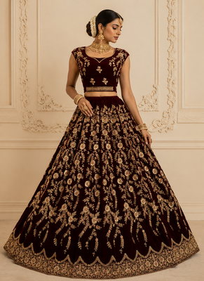 Dark Maroon Color Chapat Zari Work,Thread Work,Sequins Embroidery,Fancy Embroidery Work Velvet Lehenga Choli 2