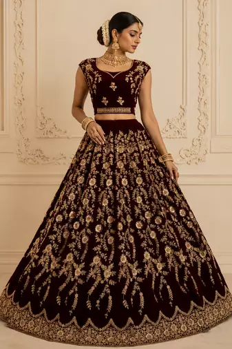 Dark Maroon Color Chapat Zari Work,Thread Work,Sequins Embroidery,Fancy Embroidery Work Velvet Lehenga Choli