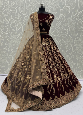 Dark Maroon Color Chapat Zari Work,Thread Work,Sequins Embroidery,Fancy Embroidery Work Velvet Lehenga Choli 3