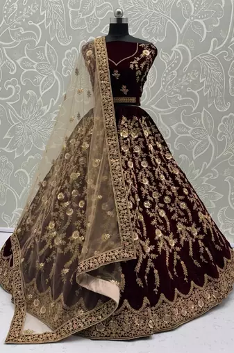 Dark Maroon Color Chapat Zari Work,Thread Work,Sequins Embroidery,Fancy Embroidery Work Velvet Lehenga Choli