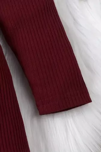 Maroon ribbed cotton blend casual fit & flare girls dress