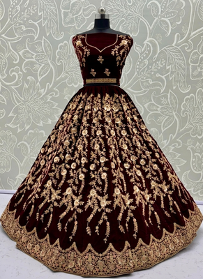 Dark Maroon Color Chapat Zari Work,Thread Work,Sequins Embroidery,Fancy Embroidery Work Velvet Lehenga Choli 4