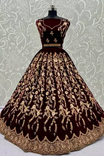Dark Maroon Color Chapat Zari Work,Thread Work,Sequins Embroidery,Fancy Embroidery Work Velvet Lehenga Choli