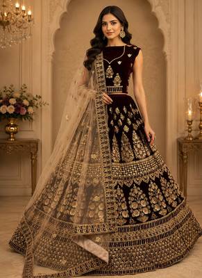 Dark Maroon Color Sequins Embroidered,Multi Thread Work,Designed Embroidered,Zari Work Velvet Lehenga Choli 1