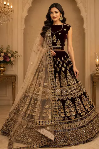 Dark Maroon Sequins Embroidered Multi Thread Embroidered Zari Velvet Lehenga Choli