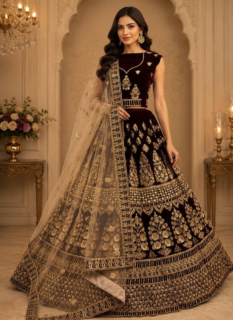 Dark Maroon Sequins Embroidered Multi Thread Embroidered Zari Velvet Lehenga Choli