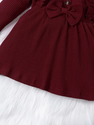 Maroon ribbed cotton blend casual fit & flare girls dress 5
