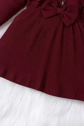 Maroon ribbed cotton blend casual fit & flare girls dress