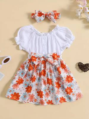 White floral printed cotton puff sleeve kids dress 1