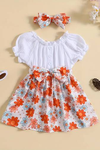 White floral printed cotton puff sleeve kids dress