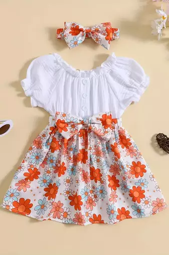 White floral printed cotton puff sleeve kids dress