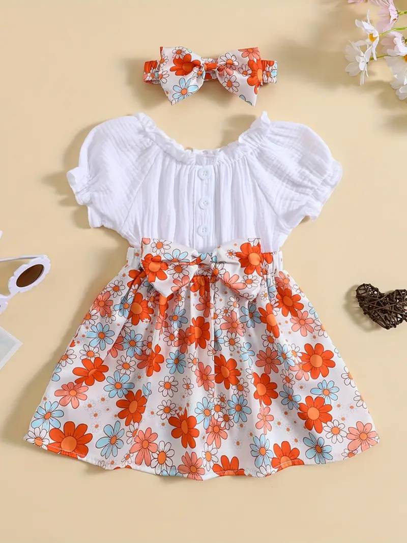 White floral printed cotton puff sleeve kids dress