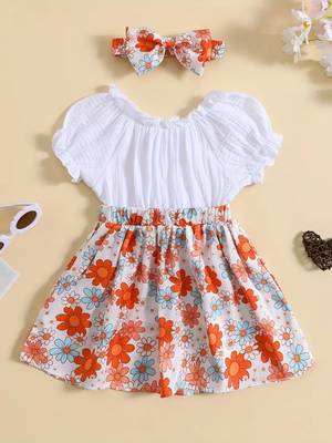White floral printed cotton puff sleeve kids dress 2