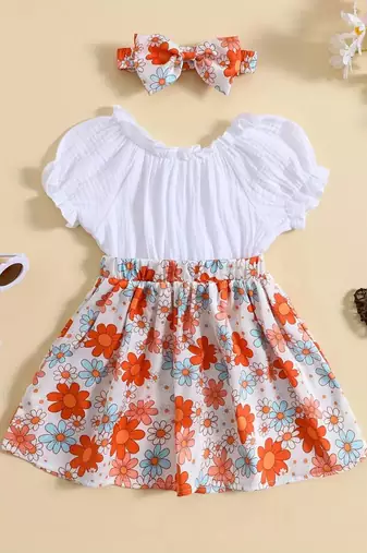 White floral printed cotton puff sleeve kids dress