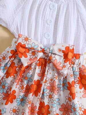 White floral printed cotton puff sleeve kids dress 3