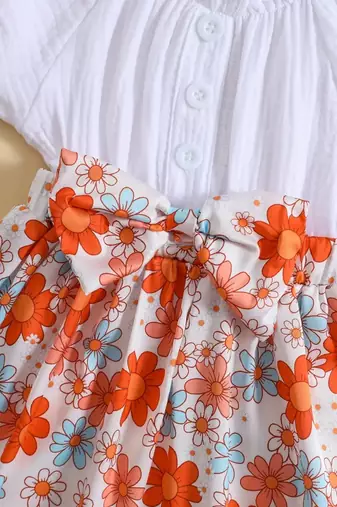White floral printed cotton puff sleeve kids dress