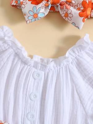 White floral printed cotton puff sleeve kids dress 4