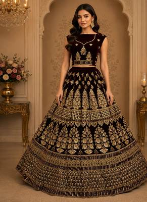 Dark Maroon Color Sequins Embroidered,Multi Thread Work,Designed Embroidered,Zari Work Velvet Lehenga Choli 2