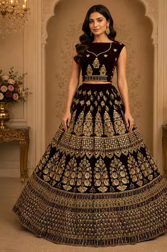 Dark Maroon Color Sequins Embroidered,Multi Thread Work,Designed Embroidered,Zari Work Velvet Lehenga Choli