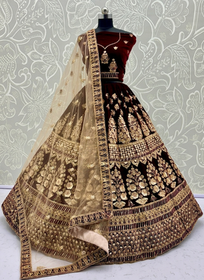 Dark Maroon Color Sequins Embroidered,Multi Thread Work,Designed Embroidered,Zari Work Velvet Lehenga Choli 3