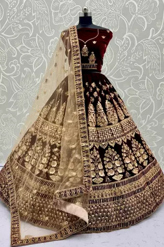 Dark Maroon Color Sequins Embroidered,Multi Thread Work,Designed Embroidered,Zari Work Velvet Lehenga Choli